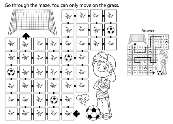 Maze labyrinth game puzzle coloring page outline cartoon boy soccer stock vector by oleon