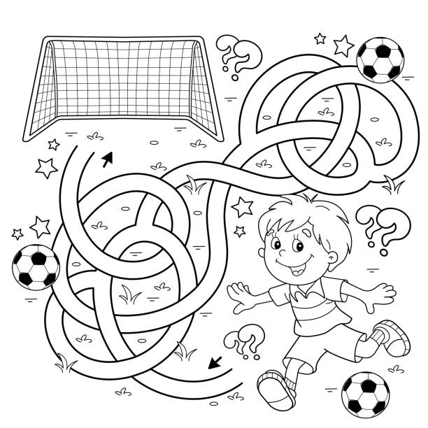 Maze or labyrinth game puzzle tangled road coloring page outline of cartoon boy with soccer ball football sport activity coloring book for kids stock illustration