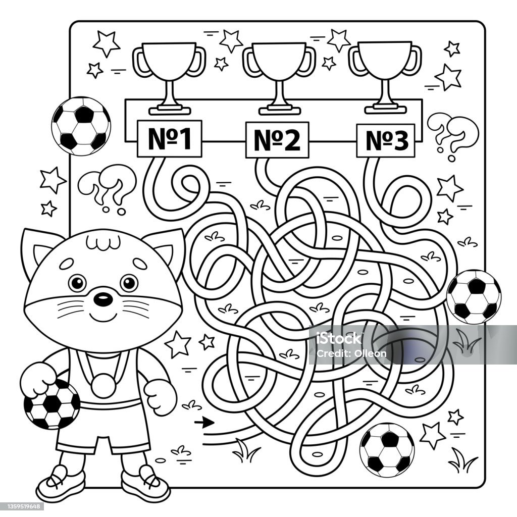 Maze or labyrinth game puzzle tangled road coloring page outline of cartoon cat with soccer ball football sport activity coloring book for kids stock illustration