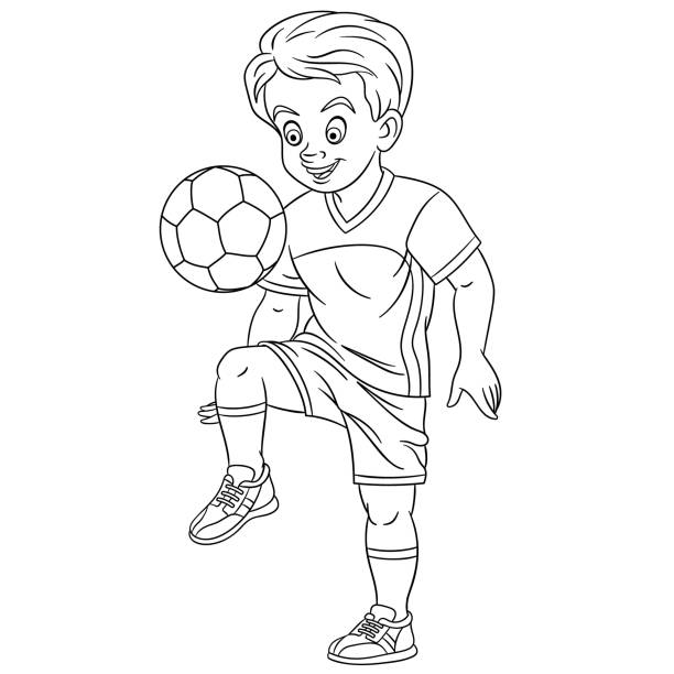 Coloring page of cartoon boy soccer player stock illustration