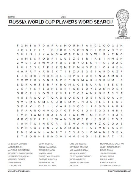 Russia world cup players word search