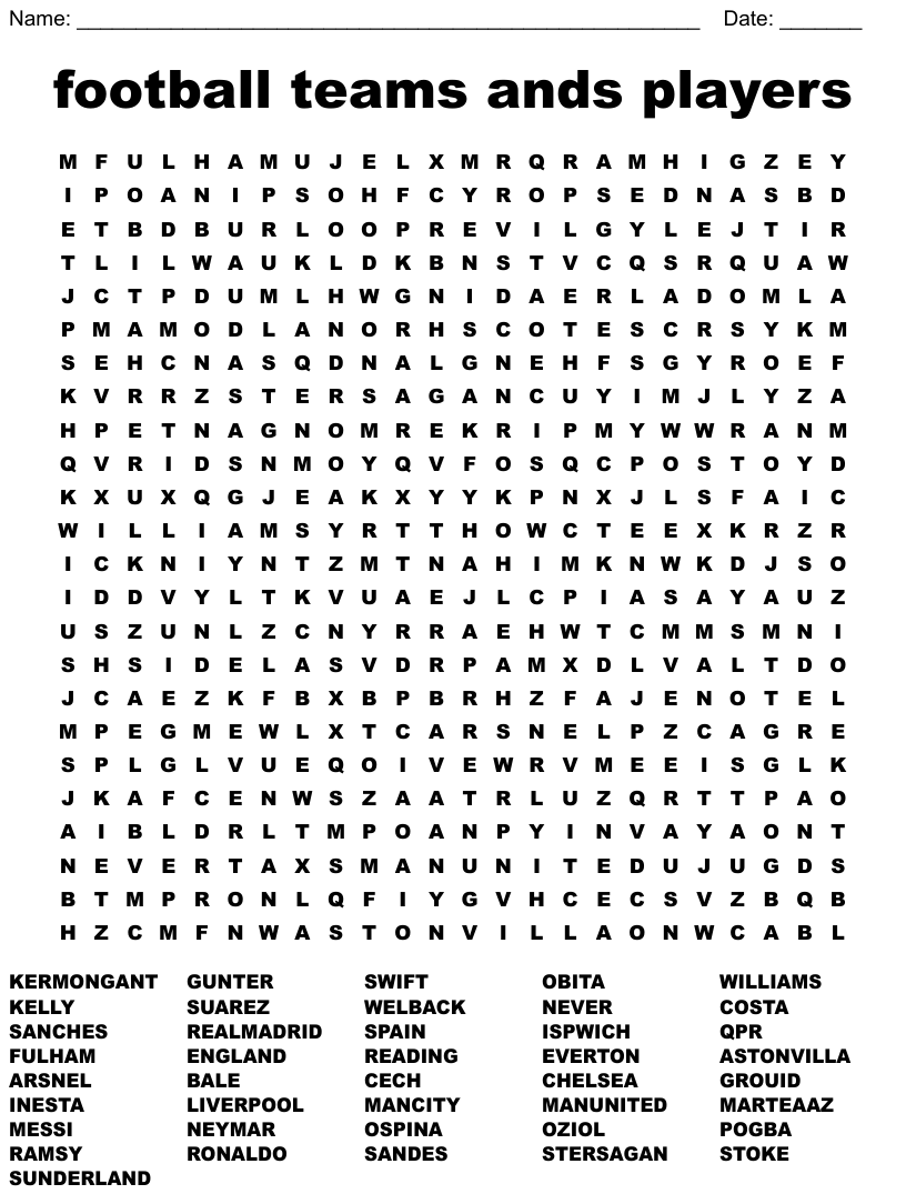 Football teams ands players word search