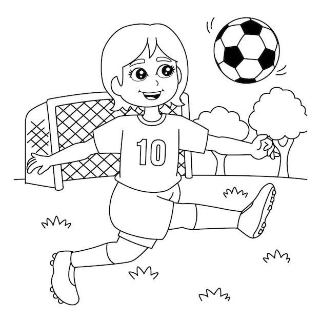 Premium vector girl playing soccer coloring page for kids