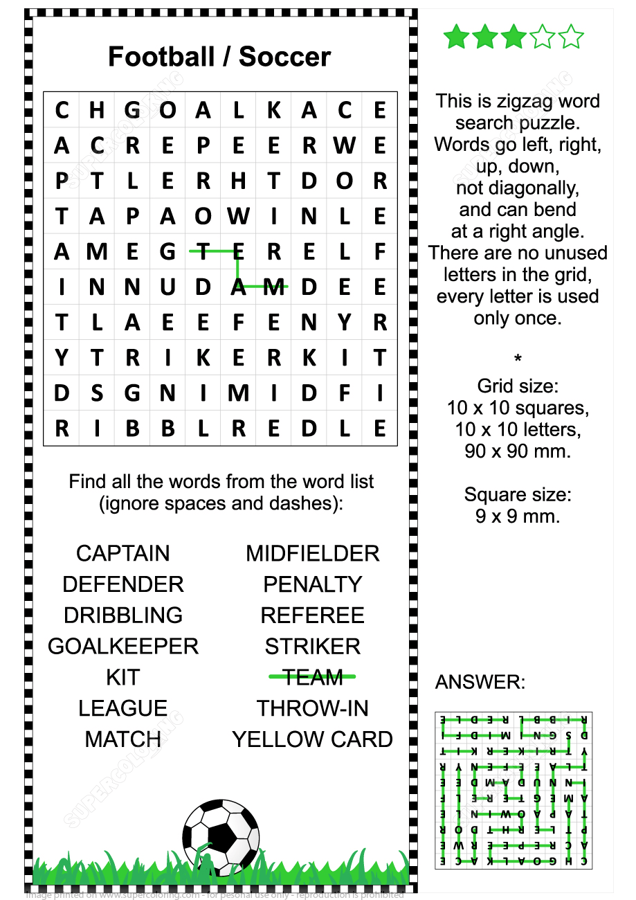 Football soccer zigzag word search puzzle for kids and adults free printable puzzle games