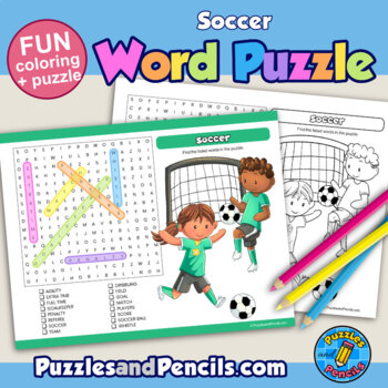 Soccer word search puzzle with coloring activity page sports series