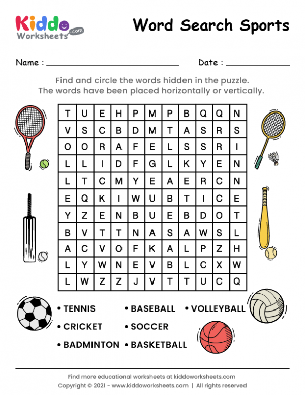 Free printable word search sports worksheet