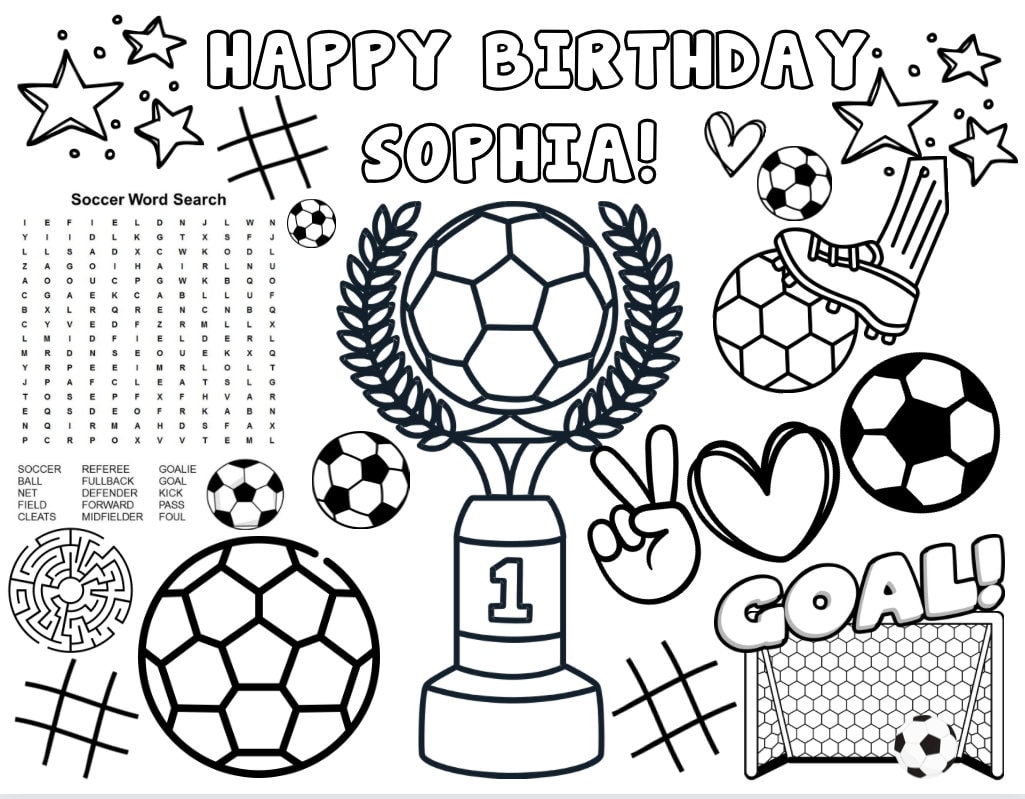 Customizable printable soccer birthday coloring pages soccer party favor soccer party activity activity placemat