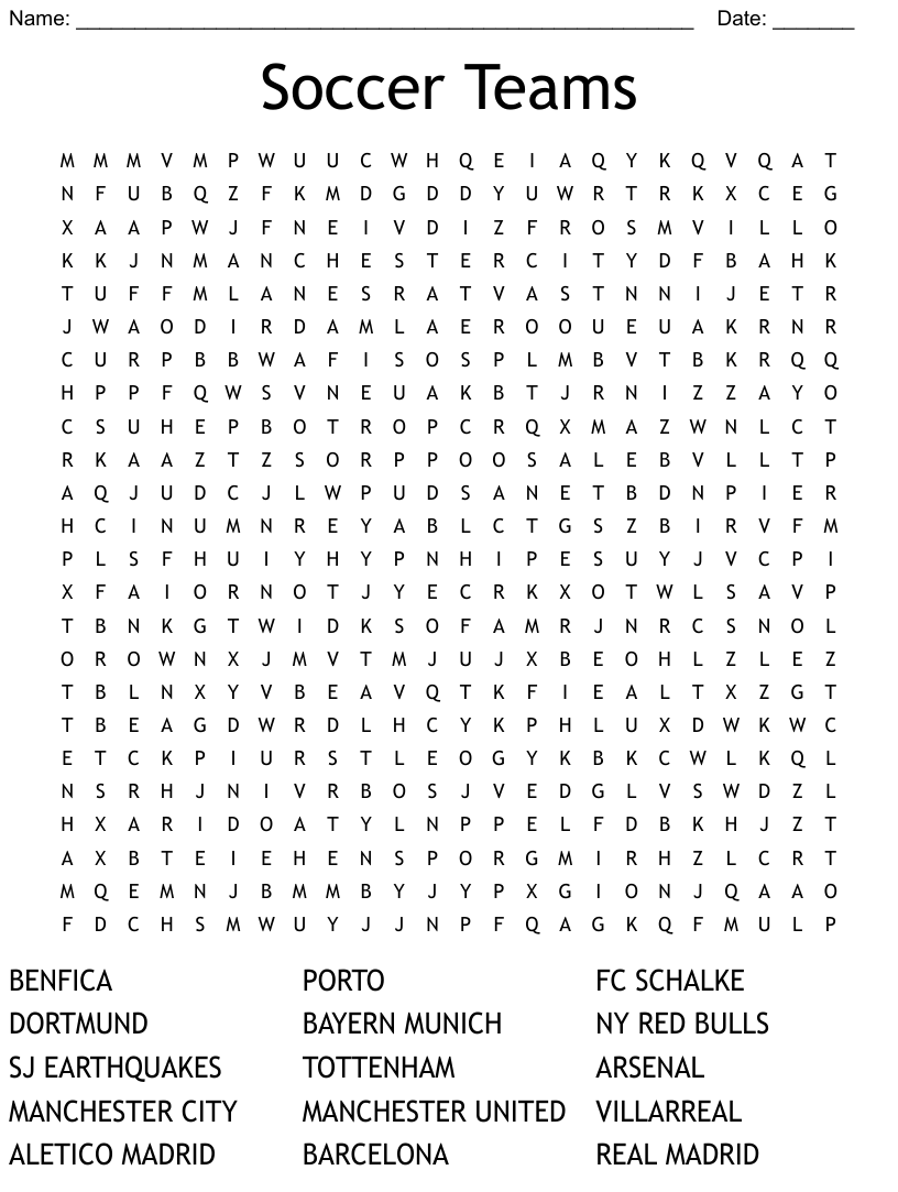 Soccer teams word search