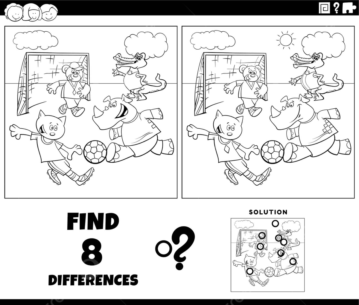 Coloring page for a soccer game with animal players spot the differences vector education variations ball png and vector with transparent background for free download