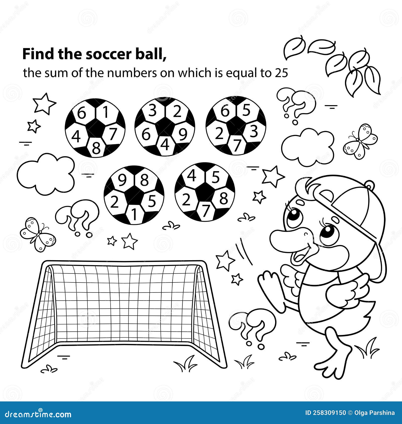 Math addition game puzzle for kids coloring page outline of cartoon duck or duckling with soccer ball football sport stock vector