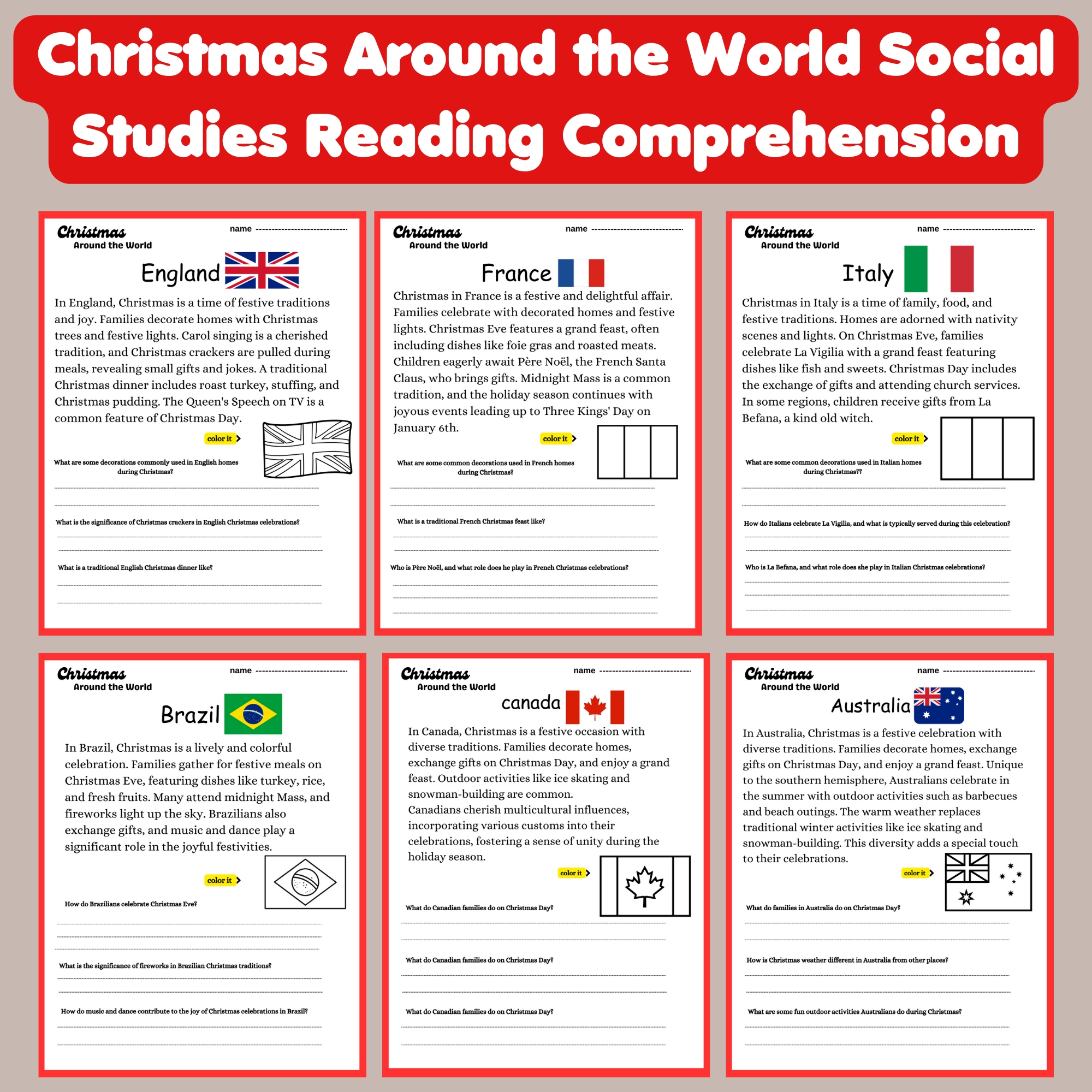 Christmas around the world social studies reading prehension k