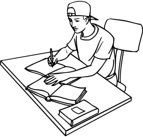 Teenager student studying with books coloring page free printable coloring pages