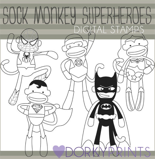 Super hero sock monkey clipart personal and limited mercial super heroes sock monkeys black line art