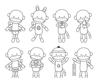 Sock monkey doodles digital stamps clipart clip art illustrations instant download limited mercial use ok