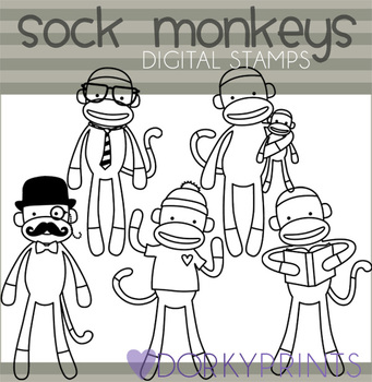 Sock monkey black line clip art by dorky doodles tpt