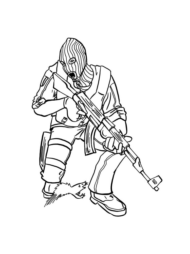 Drawing of a criminal in a sock hat with a gun coloring page