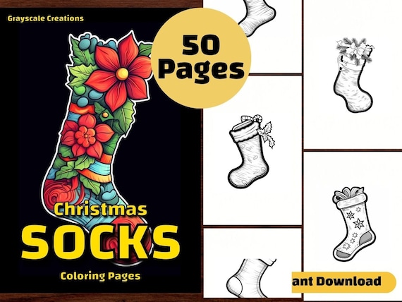 Christmas sock coloring page book snow ornament xmas winter festive holiday printable pdf sheets grayscale coloring adults kids