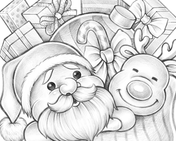 Christmas stocking grayscale christmas coloring book page for adult and kid printable sheet pdf santa reindeer candy cane gift ball sock
