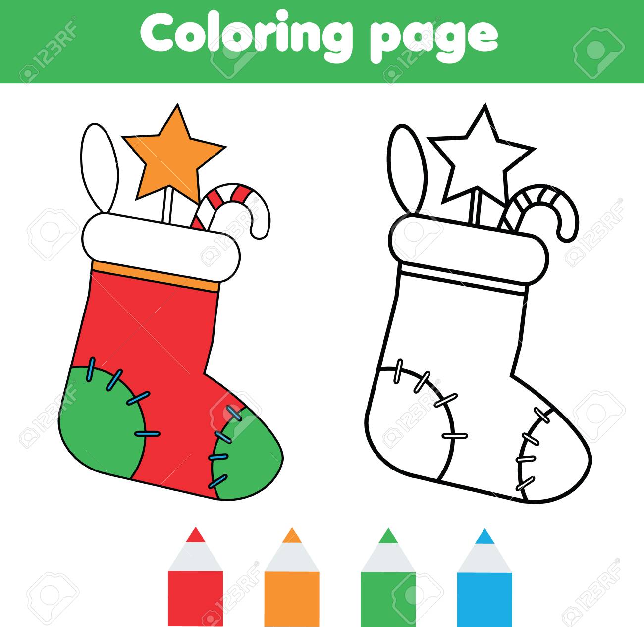 Coloring page with christmas sock with gifts color the picture educational children game drawing kids activity printable sheet new year winter holidays theme royalty free svg cliparts vectors and stock illustration image