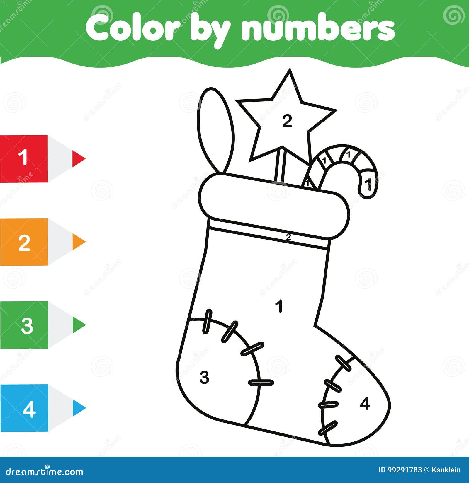 Coloring page with christmas sock color by numbers educational children game drawing kids activity stock vector