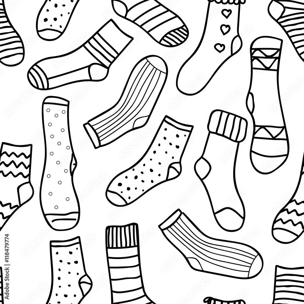 Vector monochrome background hand drawn ornament template for wallpaper postcard or adult coloring book doodle socks design backdrop footwear funny objects illustration vector