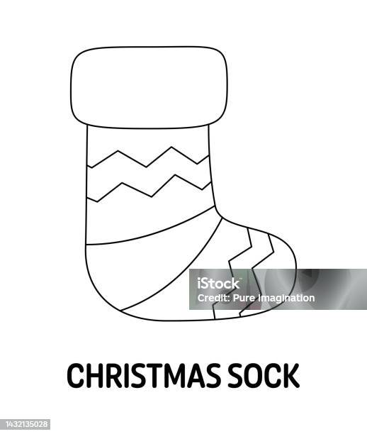 Coloring page with christmas sock for kids stock illustration