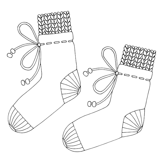 Premium vector coloring page a pair of warm socks with a knitted top and a bow tie piece of clothing hand drawn vector line art illustration coloring book for children and