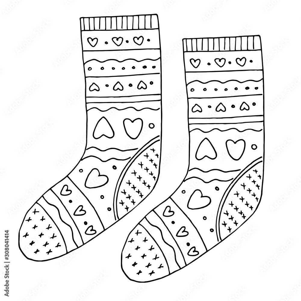 Winter socks doodle vector illustration christmas socks coloring page vector