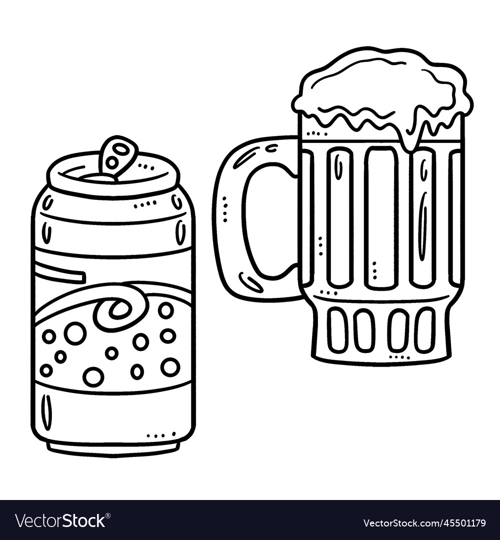 Beer mug and soda can isolated coloring page vector image