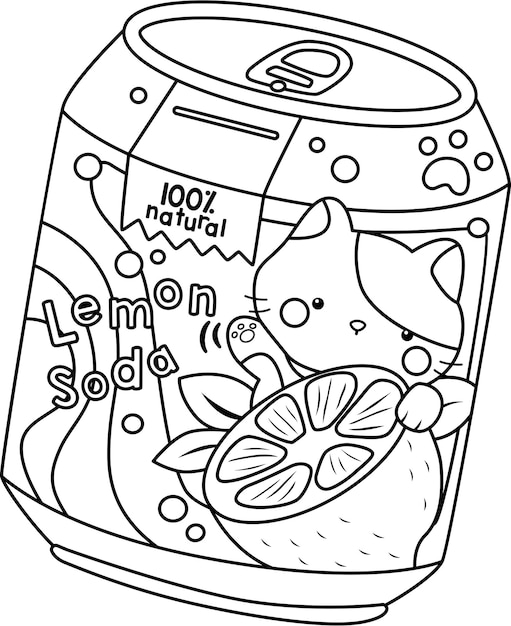 Premium vector a vector of lemon soda with cat design in black and white coloring