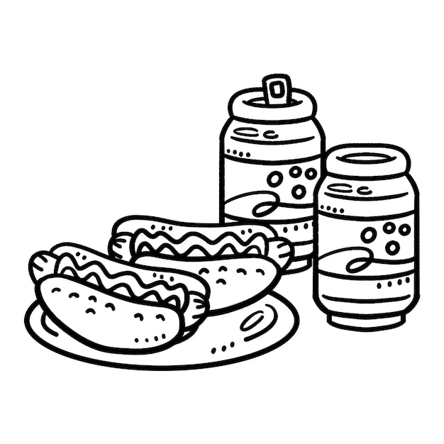 Premium vector hotdog with a soda can isolated coloring page