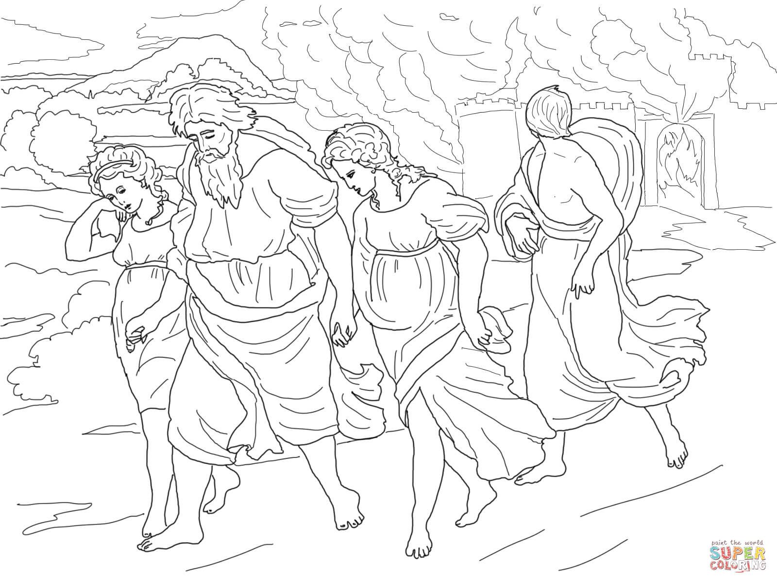 Lot and his daughters fleeing the destruction of sodom and gomorrah coloring page from abraham category sâ bible coloring pages bible crafts sodom and gomorrah