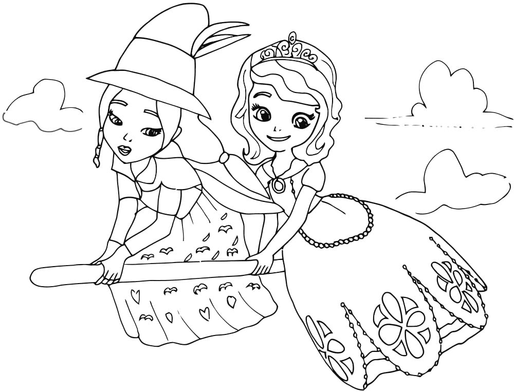 Princess sophia on a broom with a witch coloring page