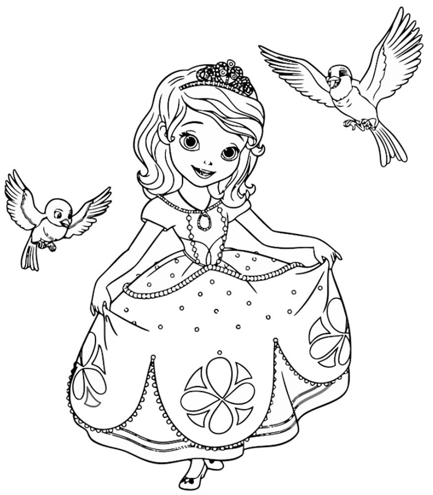 Princess sofia surrounded by birds coloring page