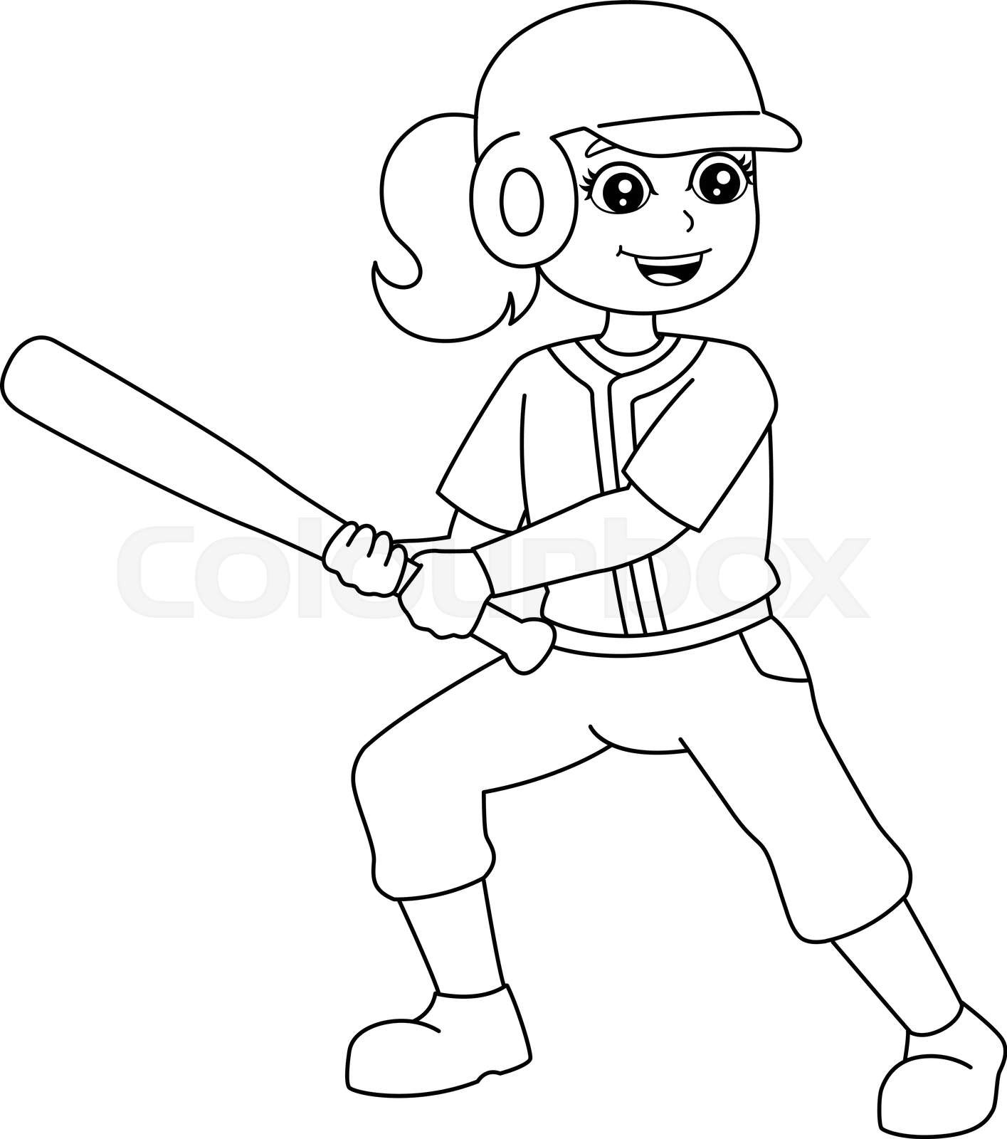 Girl playing baseball coloring page isolated stock vector