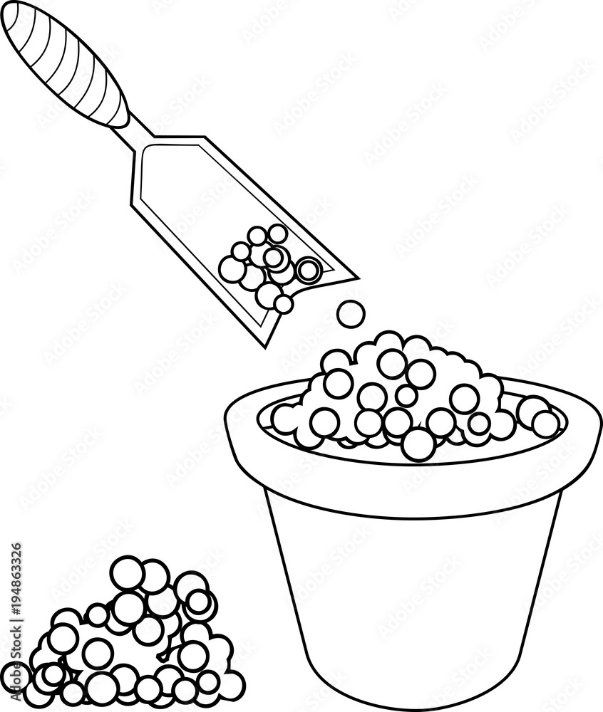 Coloring page garden scoop and flower pot with soil vector