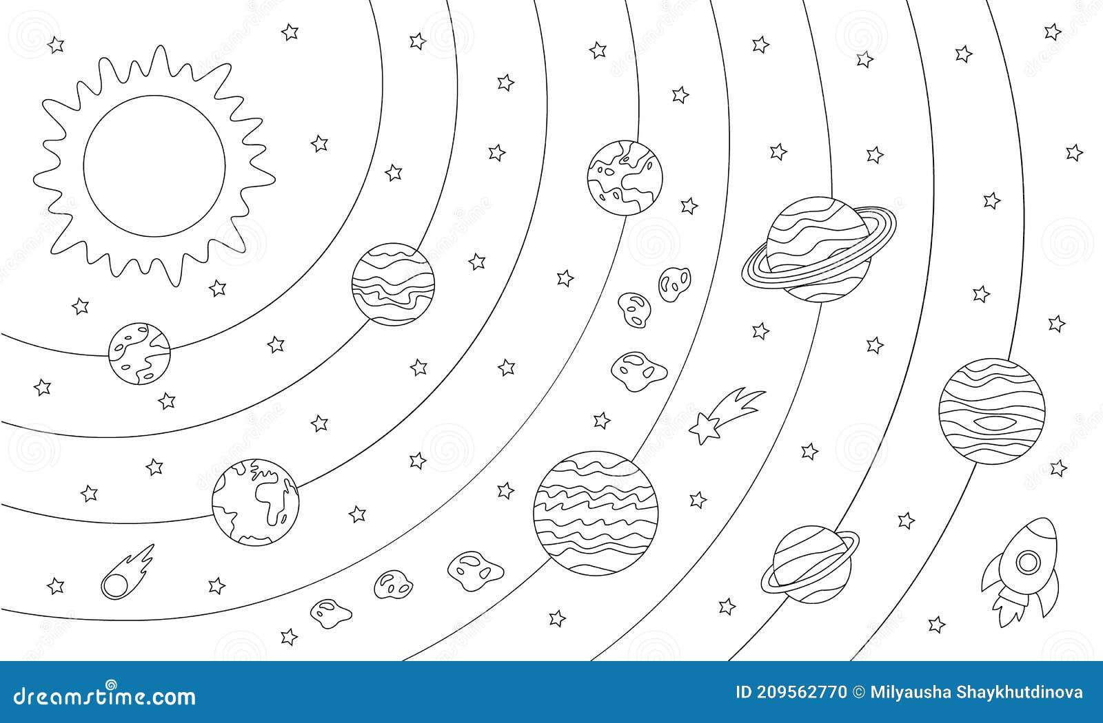 Color solar system scheme coloring sheet for kids stock vector