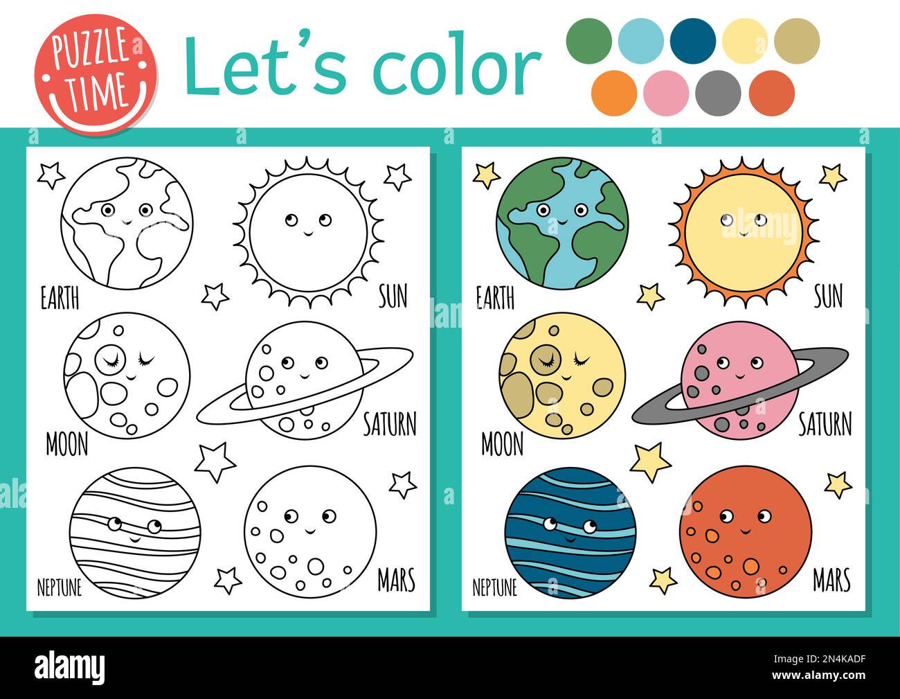 Space coloring page for children cute funny kawaii planets earth moon sun vector astronomy outline illustration with solar system cosmos color bo stock vector image art