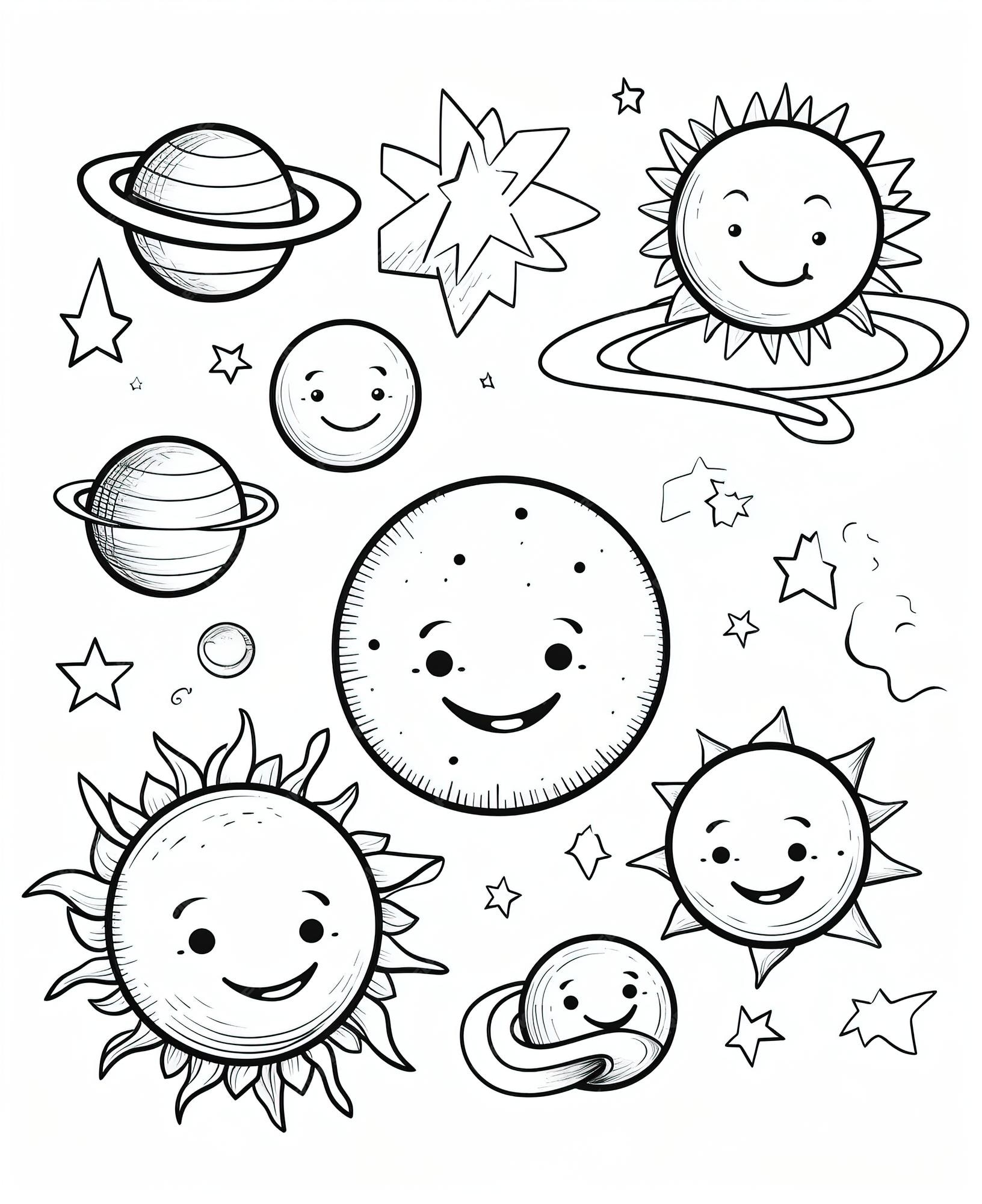 Premium vector black and white drawing of the solar system outlined art bold coloring book page for kids happy