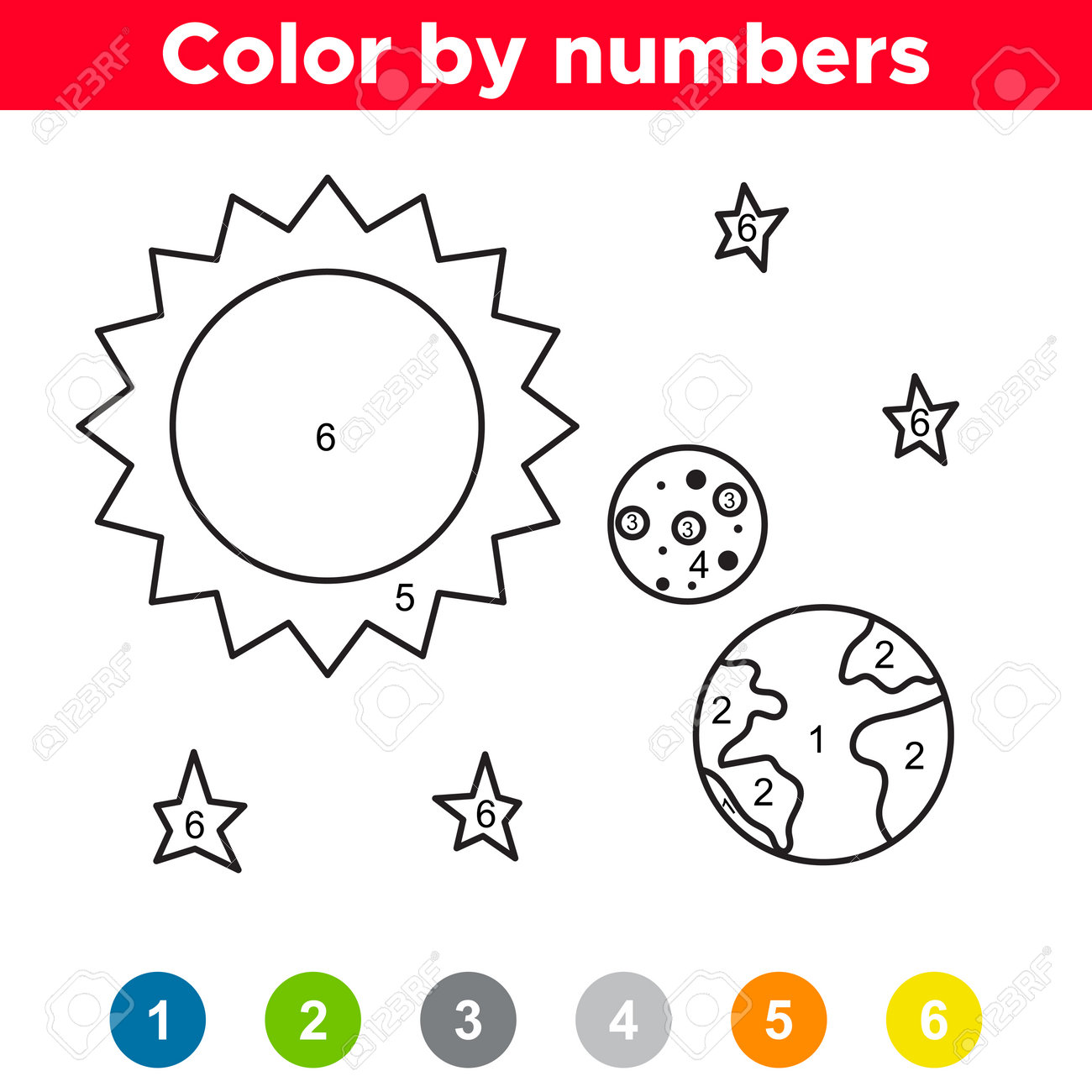 Color by number for preschool and school kids coloring page or book with sun moon and earth solar system space day vector illustration royalty free svg cliparts vectors and stock illustration image