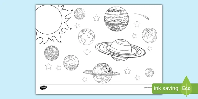 Space solar system scene colouring page