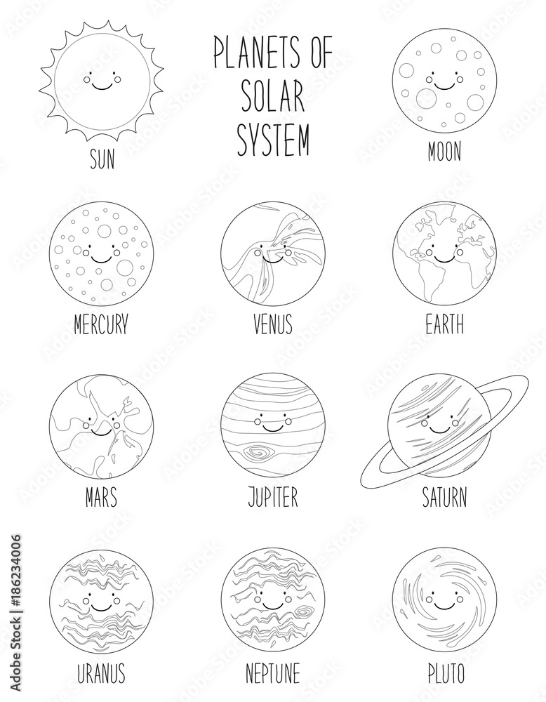 Cute coloring pages of smiling cartoon characters of planets of solar system childish background vector