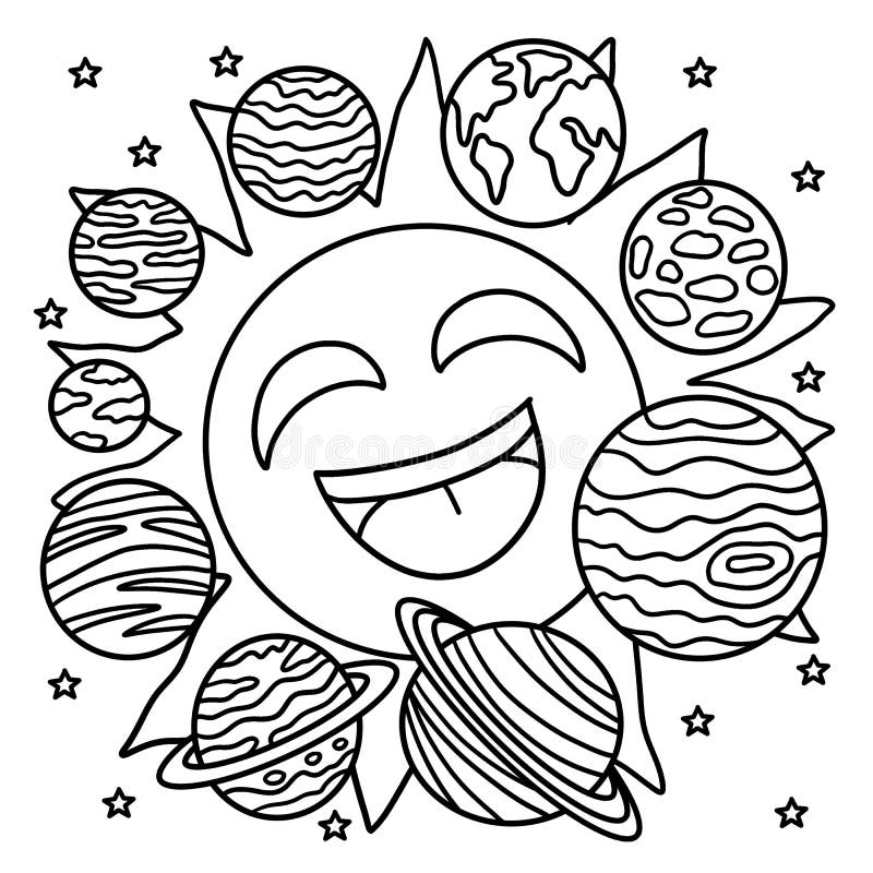 Happy sun and solar system coloring page for kids stock vector