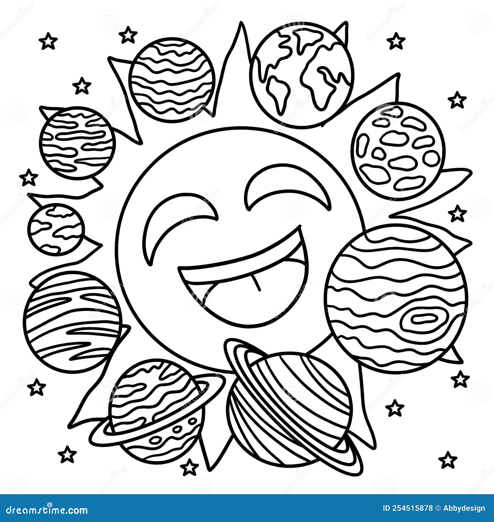 Happy sun and solar system coloring page for kids stock vector