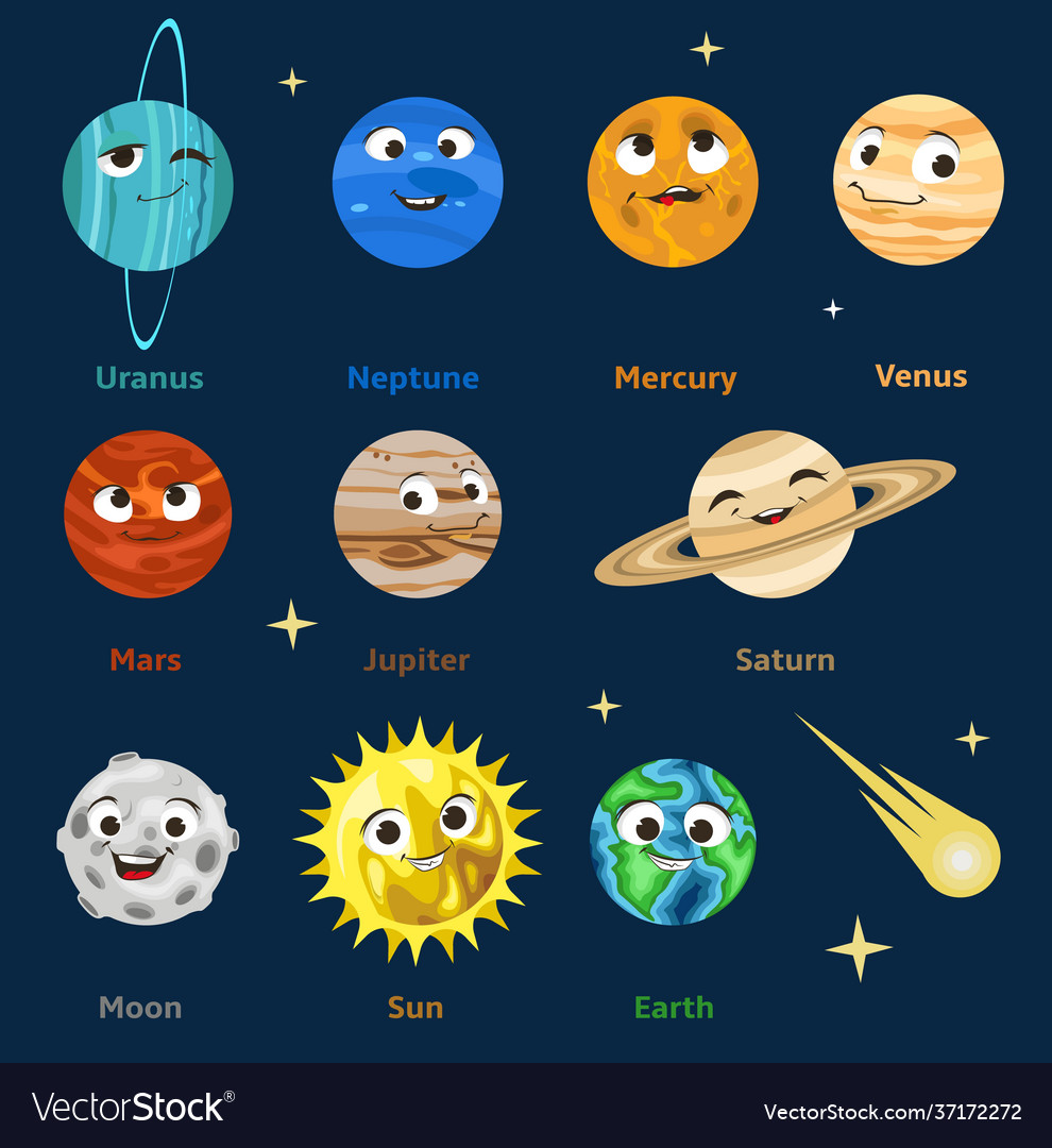 Cute cartoon solar system planets with smiling vector image