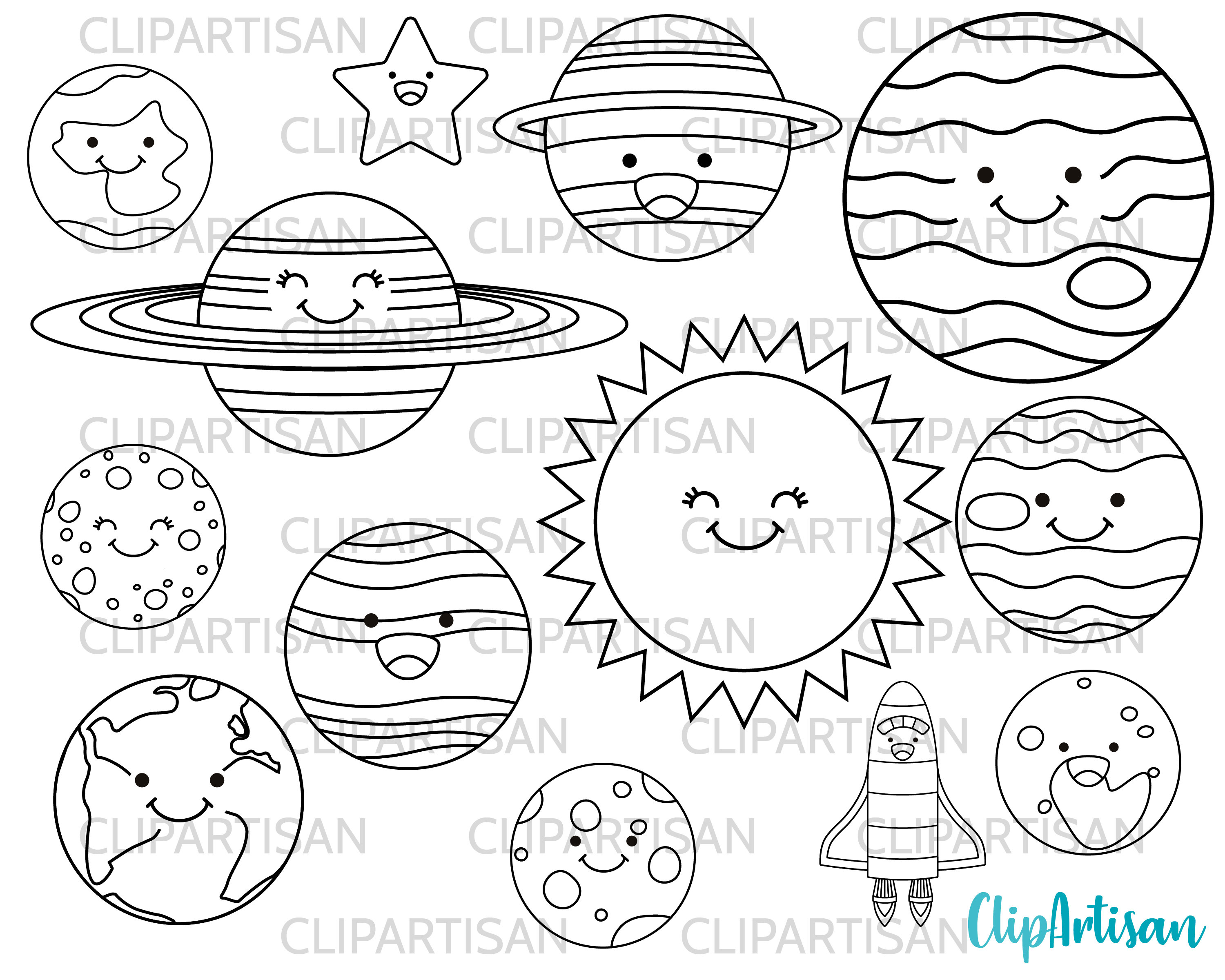 Kawaii planets digital stamps cute planets happy solar system smiley planets instant download