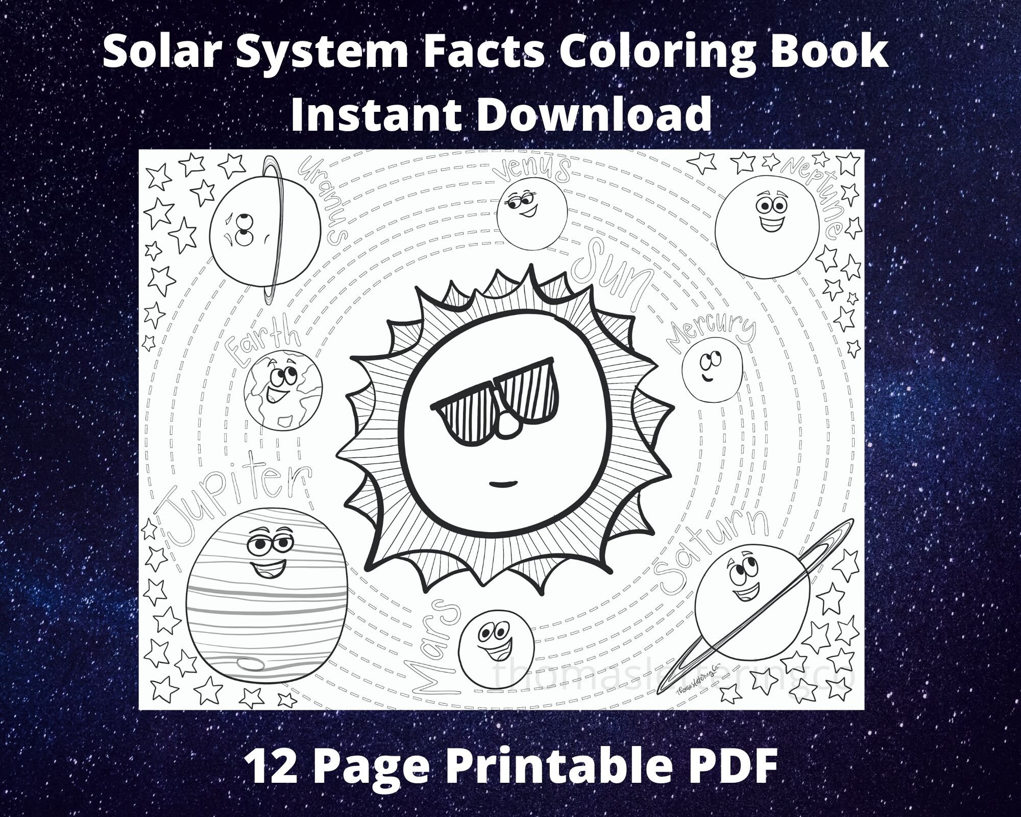 Solar system facts printable coloring book instant download early reader kindergarten first grade planet facts