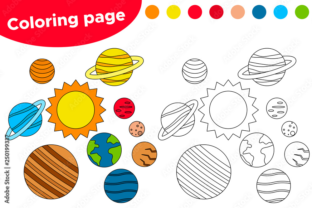 Educational game for preschool kids printable coloring page or book cartoon solar system vector illustration vector