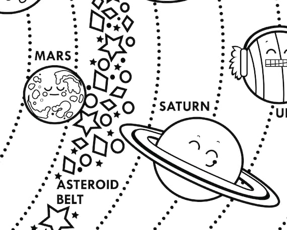 Solar system printable large format coloring poster horizontal layout