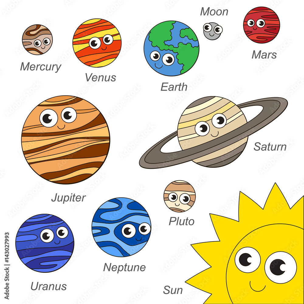 Cute solar sistem planet set the collection of coloring book template the group of outline digital elements vector